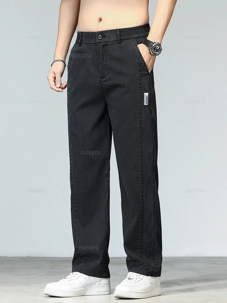 Summer Ultrathin High Quality Soft Lyocell Fabric Men's Jeans Loose Straight Denim Pants Design Casual Trousers Plus Size M-5XL