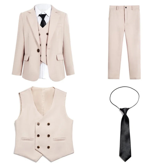 Beige Boys Formal Suit Set 4 Pieces Stage Performance Wear Notched Lapel Classy Suit Set For Kids Wedding Guest Clothes 3-14T