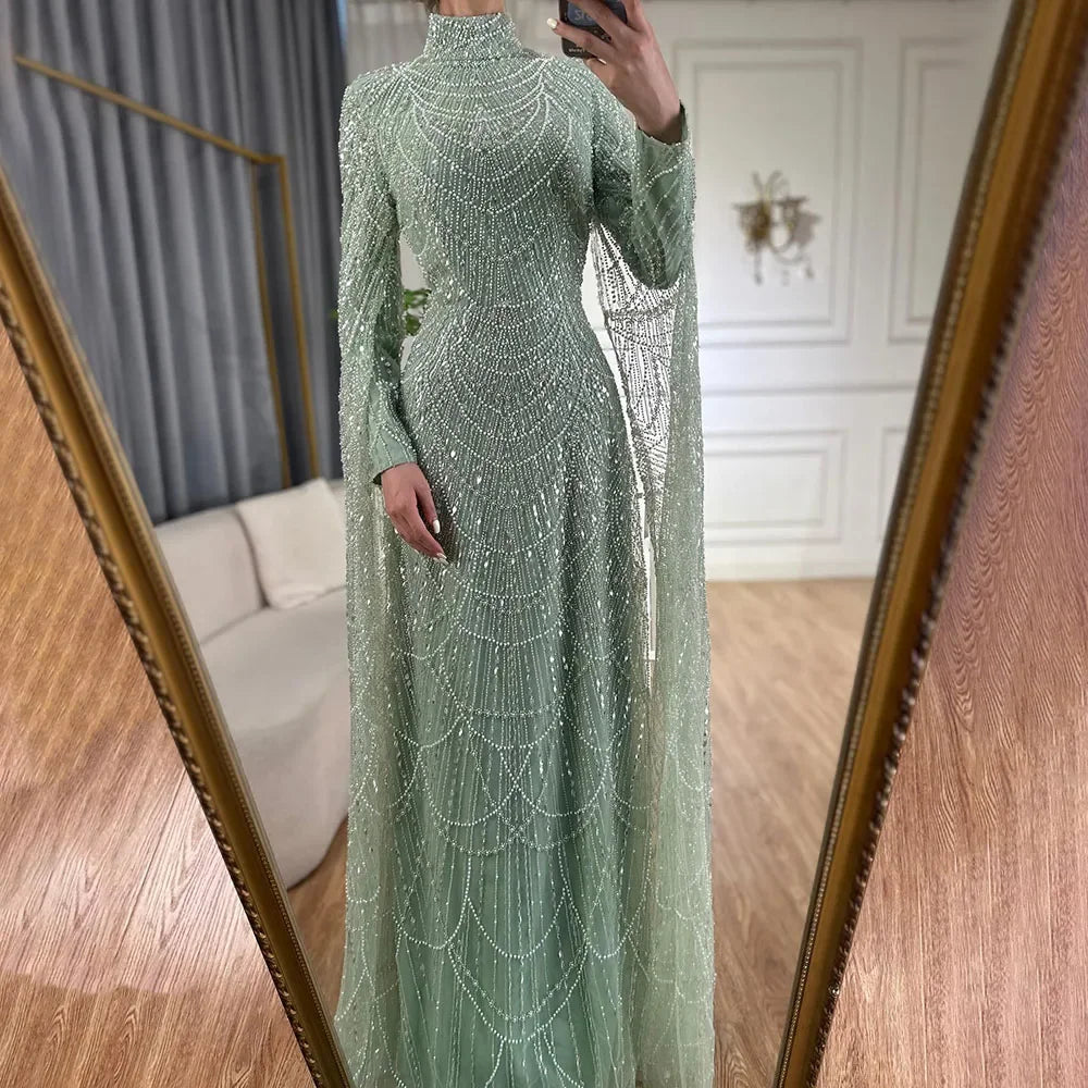 Customized 2026 Muslim Nude Mermaid Cape Sleeves Luxury Evening Gown Pearls Beaded Dress for Women's Party Prom Dresses