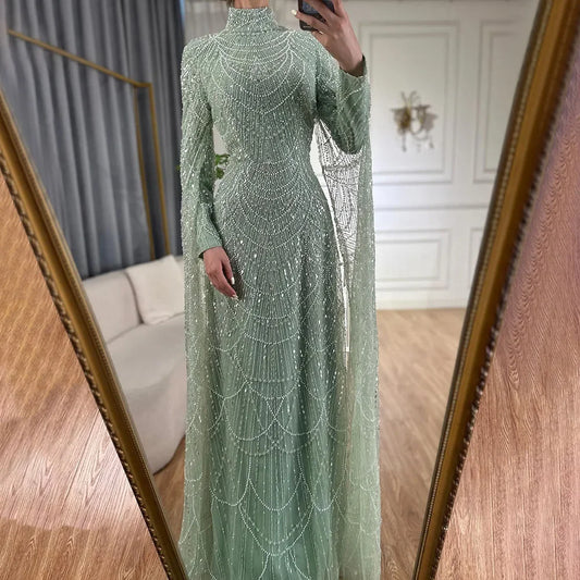 Customized 2026 Muslim Nude Mermaid Cape Sleeves Luxury Evening Gown Pearls Beaded Dress for Women's Party Prom Dresses