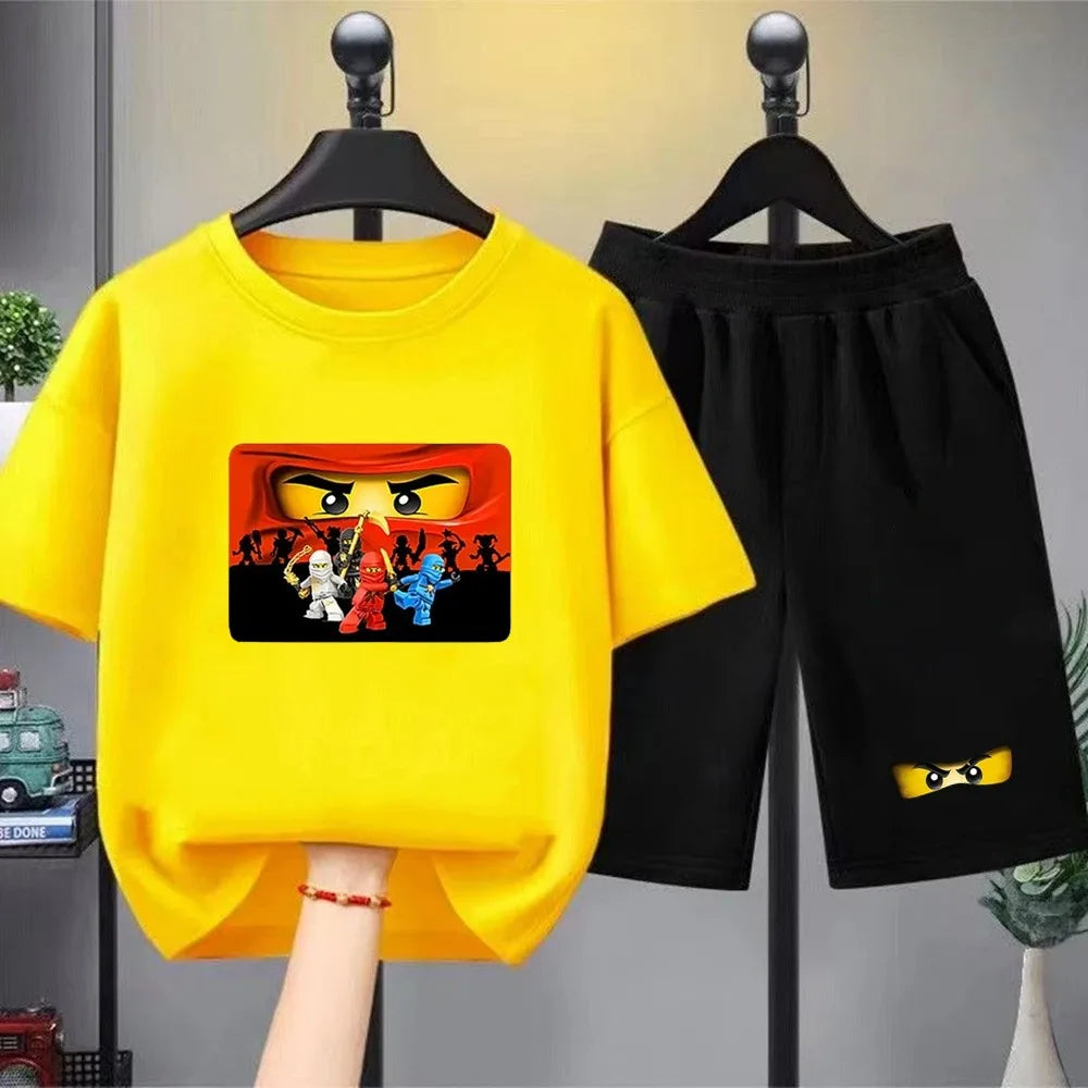 Summer T-Shirt Boyand Girls red Casual TShirt+Shorts Sets ninja Printed Kids Outfits Teen Children's Short Sleeve Tops