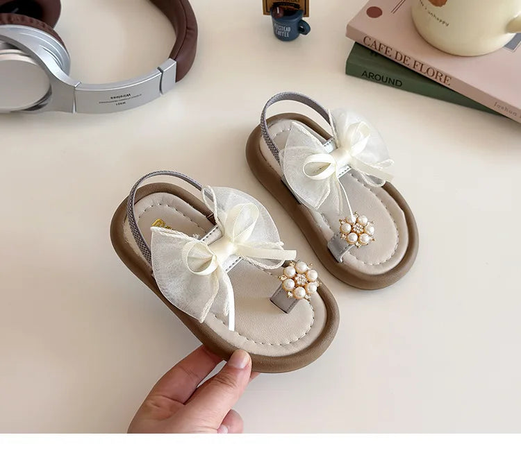 Brand Designer Ribbons Sandals for Girls Beaded Flip Flop Evening Party Dress Shoes Tulle Bow-tie Child Shoes Girl Sandal I06034