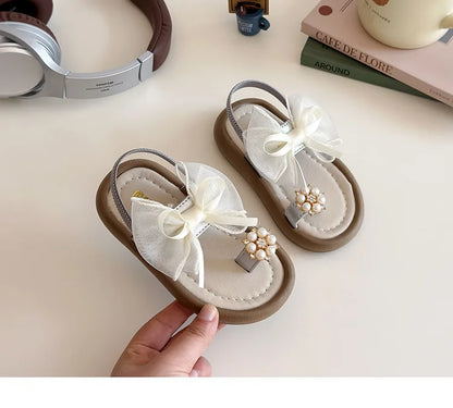 Brand Designer Ribbons Sandals for Girls Beaded Flip Flop Evening Party Dress Shoes Tulle Bow-tie Child Shoes Girl Sandal I06034