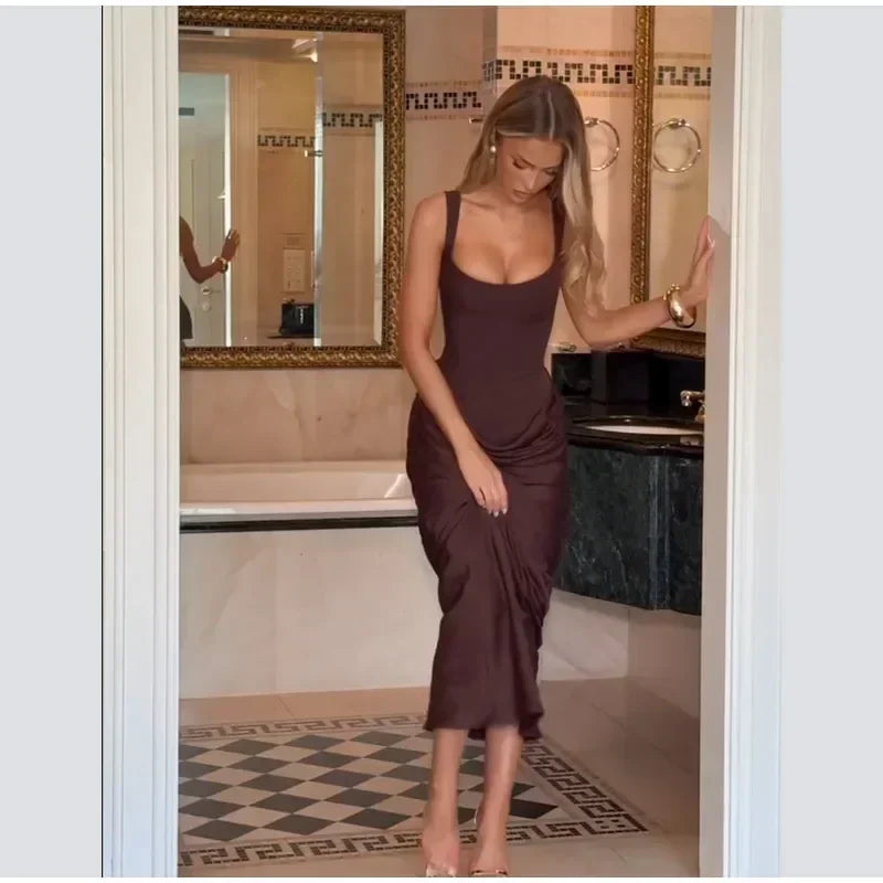 Sexy Square-neck Halter Long Dress Women 2025 Pleated Sleeveless Backless High Waist Bodycon Dresses New Summer Lady Party Gowns