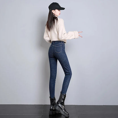 2023 Fashion Women Stretch High Waist Pencil Pants Casual Female Velvet Jeans High Quality Fleece Mom Jeans Thick Plush Pants