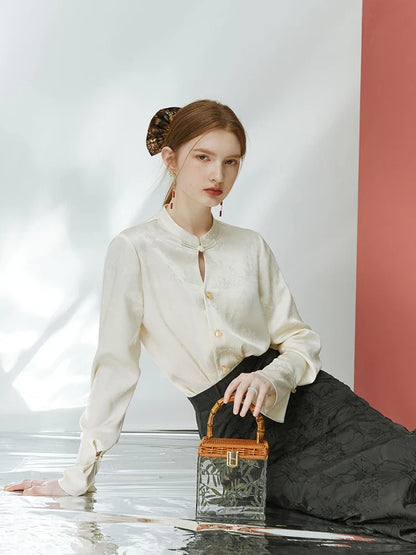 New Chinese Style Acetic Acid Button-down Shirt Women Autumn Standing collar Landscape Painting Printing Female Top