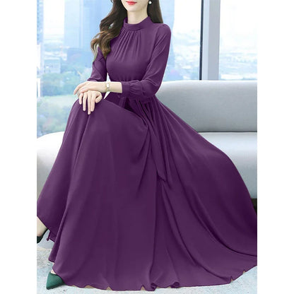 Women Long Sleeve A-line Sundress Spring Long Dress Autumn Solid Party Holiday Maxi Dresses Vestidos Femme Vintage Robe