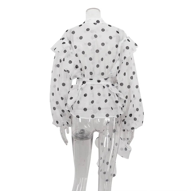 Ticketsx Polka Dot Ruffled Shirts Fashion Contrast Lace Up See Through Button Blouse Top Elegant Party High Street Women Shirt