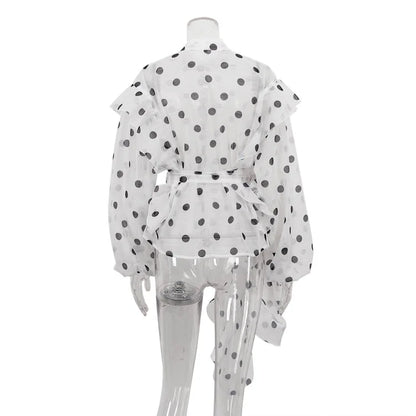 Ticketsx Polka Dot Ruffled Shirts Fashion Contrast Lace Up See Through Button Blouse Top Elegant Party High Street Women Shirt