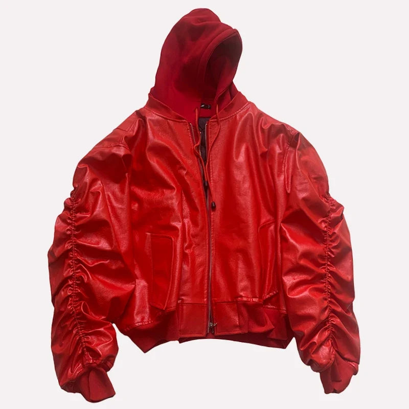 Autumn Winter Cool Handsome Oversized Brown Thickened Warm Leather Jacket Men with Hood Fake 2 Piece European Clothes