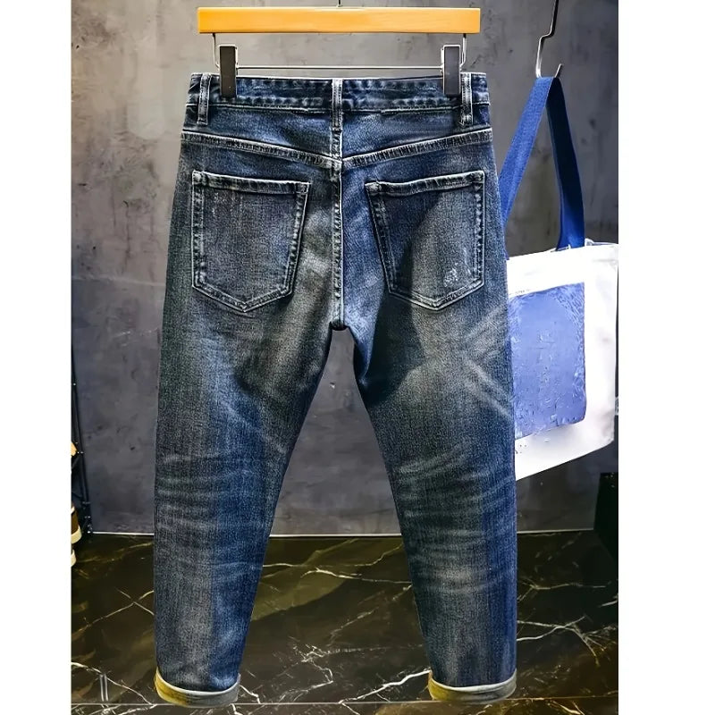 Retro Spliced jeans Men's Trendy Brand Ripped Bear Patch Loose Classic Man Pants Rhinestones Denims Tears Streetwear for Man