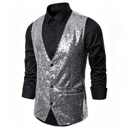 Shiny Sequin Men's V Neck Vest Single Breasted Suit Gilet Waistcoat for Wedding Prom Party Club Nightclub DJ Stage Performance