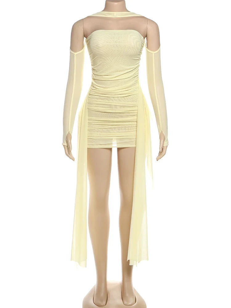 Mesh Simple Mini Dress Fashion Solid Strapless Ribbons Tassel Body-shaping Vestidos+Seperately Full Sleeve Gloves