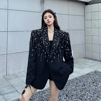 High-Quality Hot Diamond Black Blazer Women's Neutral Spring And Autumn New Design V ersatile Long-Sleeved Shoulder Padded Suit