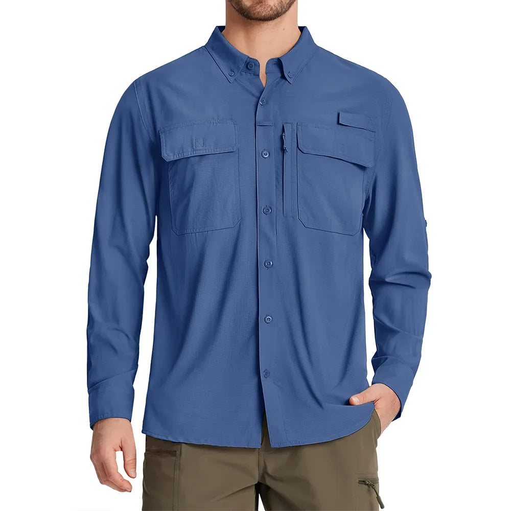 UPF 50+ Sun Protection Fishing Shirts Men's Quick Dry Long Sleeve Shirts Mesh Breathable Hiking Work Cargo Shirts