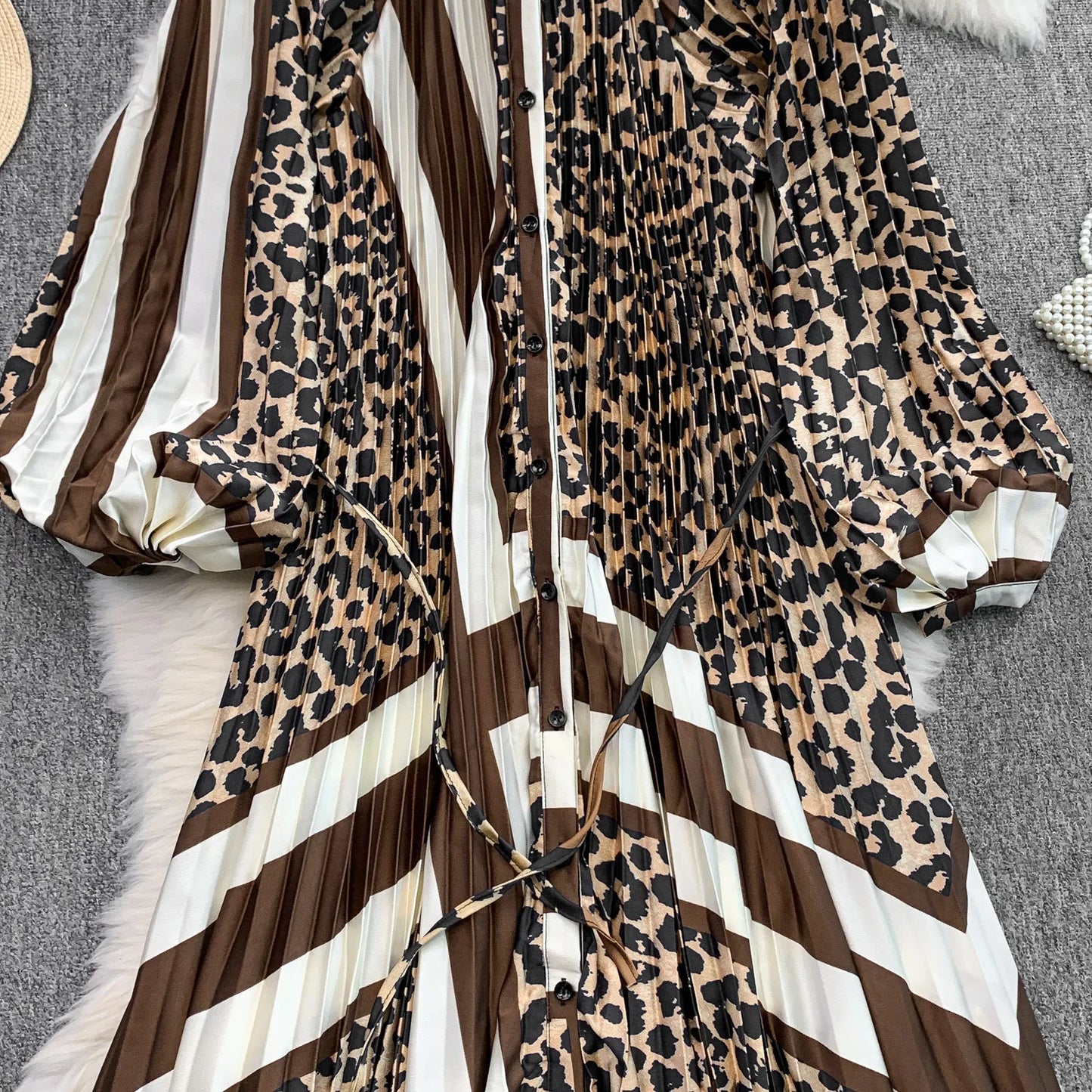 Ele Printed round Ne Lantern Sve Dr Women's Single Button Waist Cinch Maxi Skirt Long Dr Commute Sle Autumn