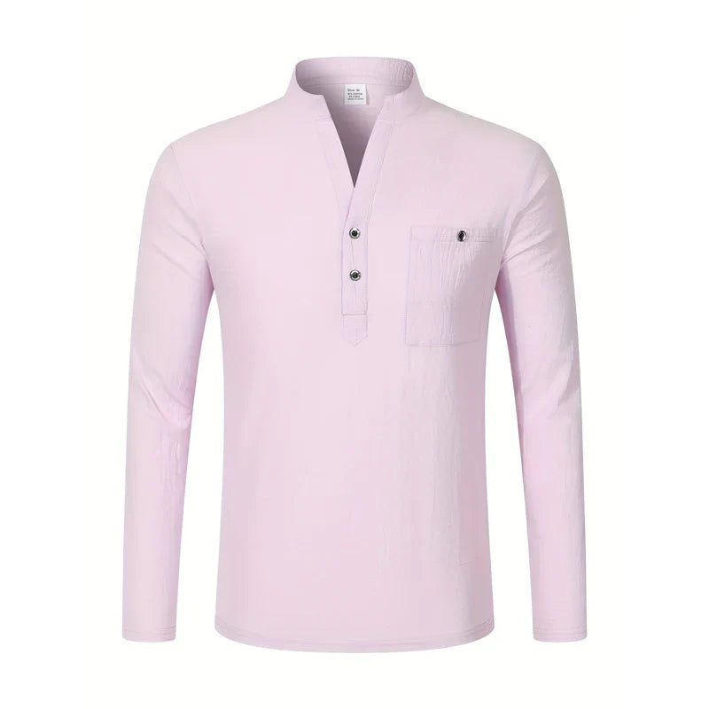 Men Mandarin Collar Long Sleeve Henley Cotton Linen Shirt Chest Pocket Breathable Beach Travel Daily Casual V Neck Top