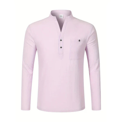 Men Mandarin Collar Long Sleeve Henley Cotton Linen Shirt Chest Pocket Breathable Beach Travel Daily Casual V Neck Top