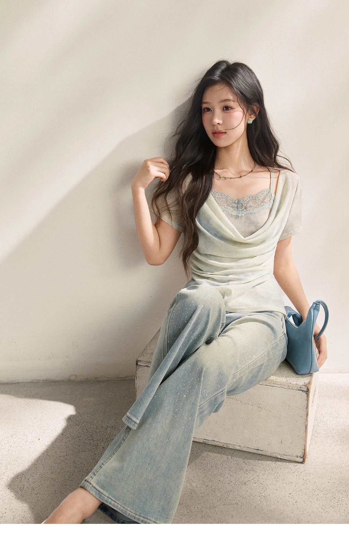 Blue Tie Dye T-Shirt For Women 2026 Summer New Swing Collar Lace Pleated Slimming Breathable French Style Top MXF22T1617