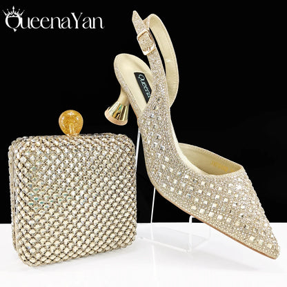 Coffee Color Elegant Lady Shoes And Bag Set with Full Rhinestone Embellished Pearls-knot And Comfortable Heel