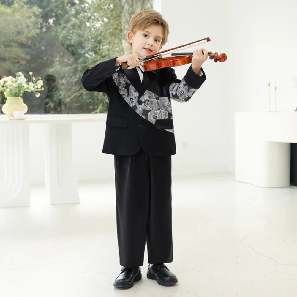 Handsome Patterned Boys Slim Fit Suits 2 Pieces Jacket Pants Piano Performance Wear Notched Lapel Kids Suit Set Wedding Tuxedo