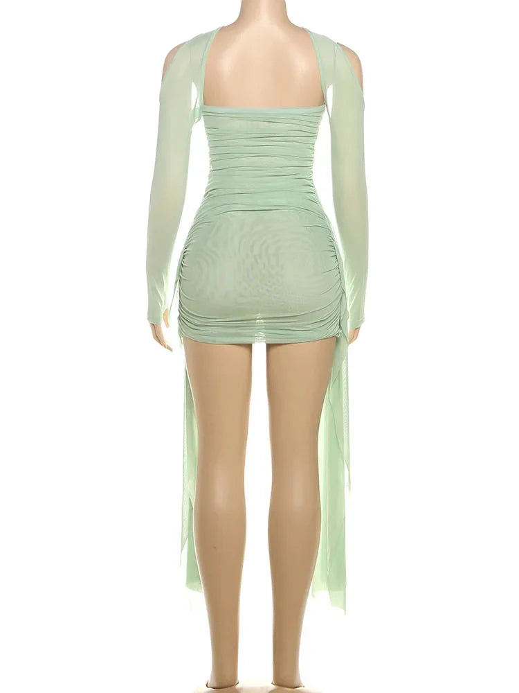 Mesh Simple Mini Dress Fashion Solid Strapless Ribbons Tassel Body-shaping Vestidos+Seperately Full Sleeve Gloves