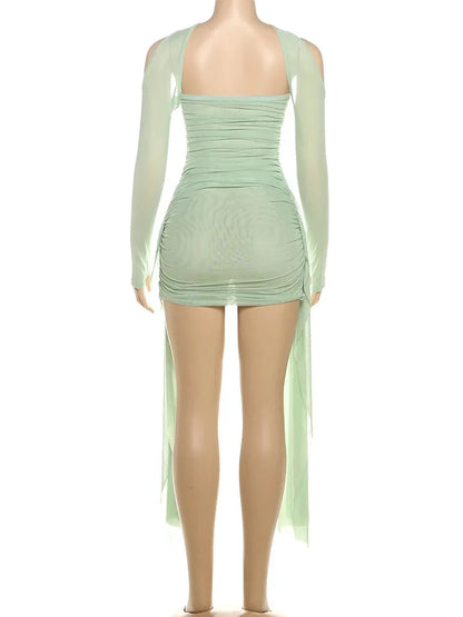 Mesh Simple Mini Dress Fashion Solid Strapless Ribbons Tassel Body-shaping Vestidos+Seperately Full Sleeve Gloves
