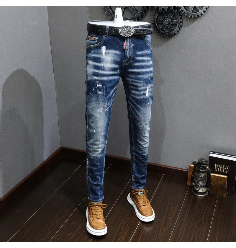 Fashion Designer Men Jeans Retro Blue Stretch Slim Fit Painted Ripped Jeans Men Korean Style Vintage Casual Denim Pants Hombre