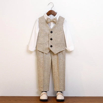 Boys Suit For Wedding Party Kids Jacket Vest Pants Bowtie 4PCS Ceremony Tuxedo Dress Children Photograph Performance Costume