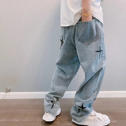 Boyfriend Vintage Fashion Straight Casual Loose Denim Cargo Pants Men Designer Prints Star Jeans Streetwear Loose Wide Leg Jeans