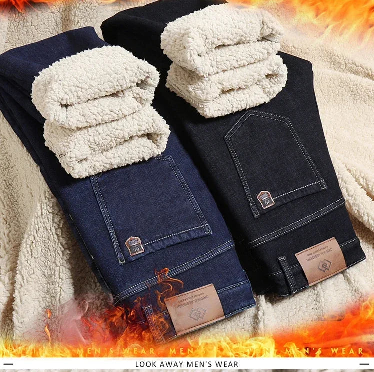 Winter Men's Fleece Thick Sherpa Jeans Business Casual Velvet Straight Denim Pants Male Wool Plush Classic Stretch Trousers