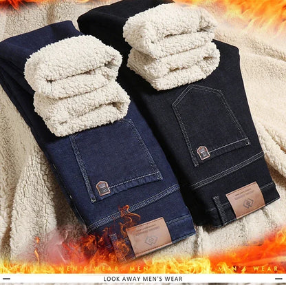 Winter Men's Fleece Thick Sherpa Jeans Business Casual Velvet Straight Denim Pants Male Wool Plush Classic Stretch Trousers