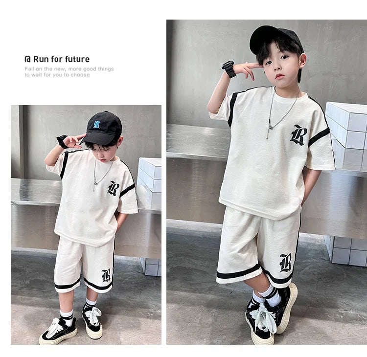 2025 Kids Summer Clothing Boys Top and Bottom Set Beige Black Color T-shirt Shorts 2PCS Tracksuit Set Teens Child Casual Outfit