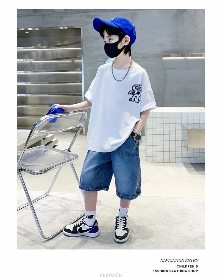 Boys New Summer Clothing Set Kids Short Sleeve T-shirt + Denim Shorts 2pc Sports Outfits for Kids Child Casual Cartoon Tracksuit