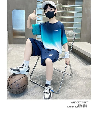 Summer Boys Gradient Quick-dry T-Shirt Top+Shorts Pant Sportswear Set School Kids 2PCS Tracksuit Children Jersey Outfit 5-16 Yr