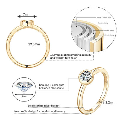 18K Gold Plated Solitaire Ring 0.5CT Bezel Moissanite Rings for Women Real Silver 925 sterling Promise Engagement Jewelry