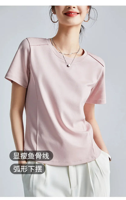 Summer Women's White Mercerized Cotton T-Shirt | 3D Stitching Round Neck Basic Top | Plus Size Slim Fit Layered Casual Blouse