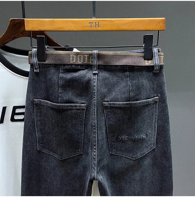 Tapered Jeans for Men's Clothing Autumn New Fashion Embroidered Korean Harem Pants Casual Stretch Black Denim Trousers