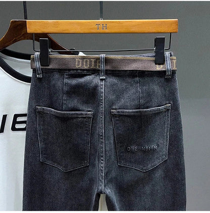 Tapered Jeans for Men's Clothing Autumn New Fashion Embroidered Korean Harem Pants Casual Stretch Black Denim Trousers