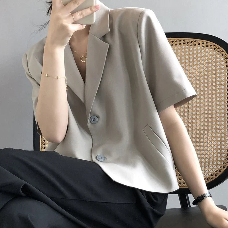 Elegant Casual Blazers Women Short Sleeve Loose S-3Xl Suit Coat Tops Korean Summer Fashion Solid Sweet Simple Blazers New