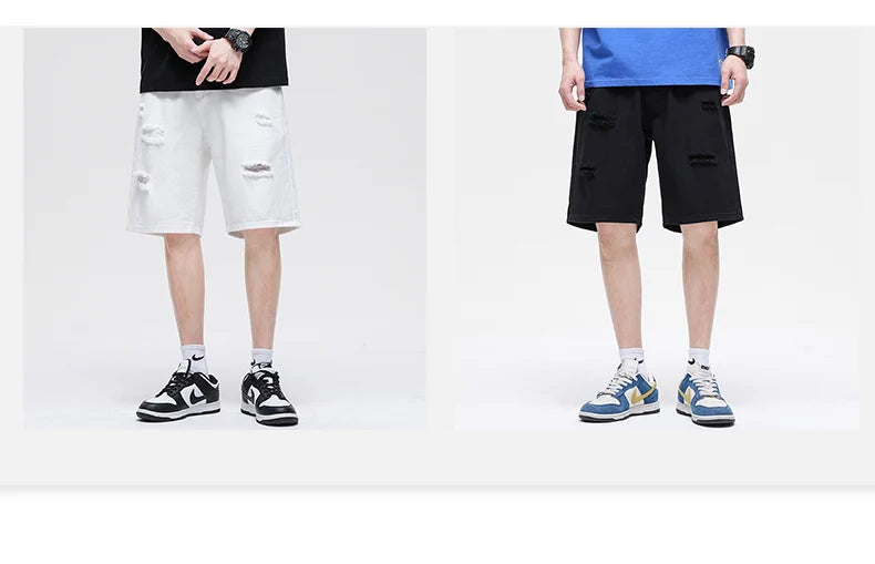 Summer New White Casual Men's Denim Shorts Ripped Fashion Loose Straight Street Bermuda Jeans Male Hole Short Pants