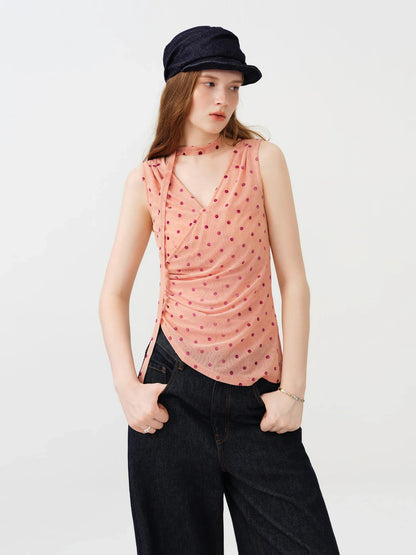 Women's 2026 Summer New Polka Dot V-Neck Waist Tie Camisole Top | Elegant Sleeveless Blouse for Beach Vacation Outfits Tops