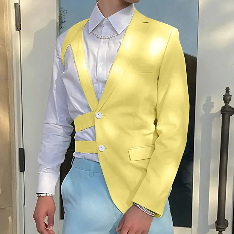 Men Irregular Blazer Lapel One-shoulder Long Sleeve Button Hollow Out Casual Suit Men Streetwear 2025 Fashion Thin Coats