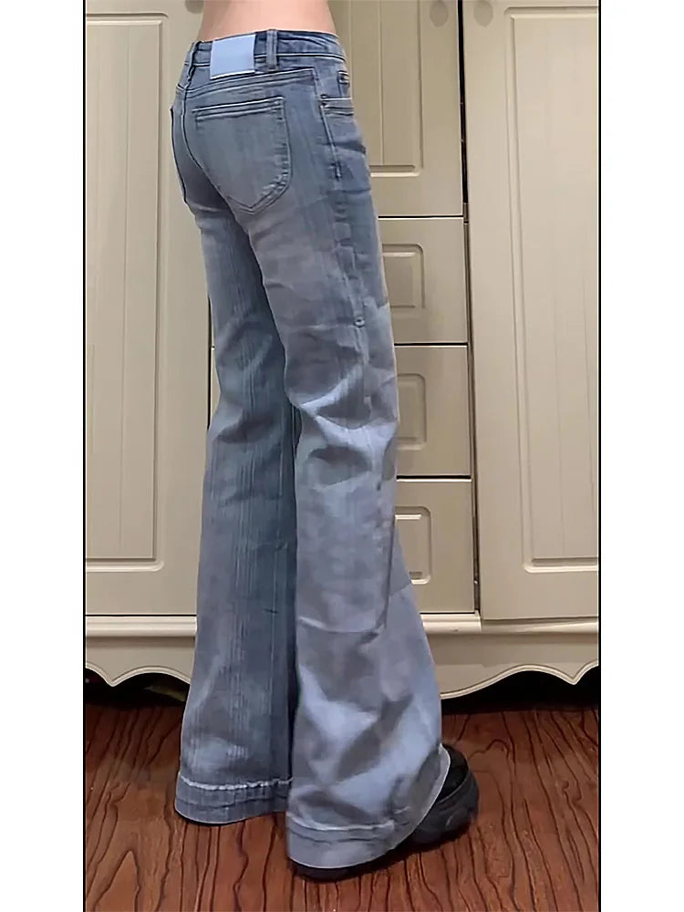 2025 Autumn Winter Women Vintage 2000s Low Rise Flare Denim Pants Y2k Japanese Streetwear Bootcut Jeans Baggy Bell Bottom New In
