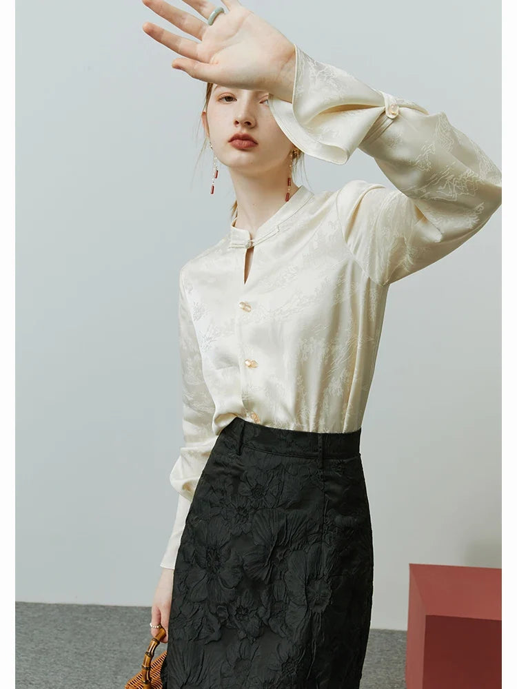 New Chinese Style Acetic Acid Button-down Shirt Women Autumn Standing collar Landscape Painting Printing Female Top