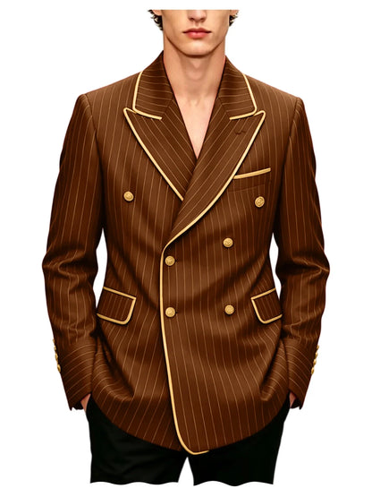 Luxury Men's Pinstripe Blazer Gold Trim Peak Lapel Formal Suit Breathable Lightweight Jacket for Business Party Wedding Coat