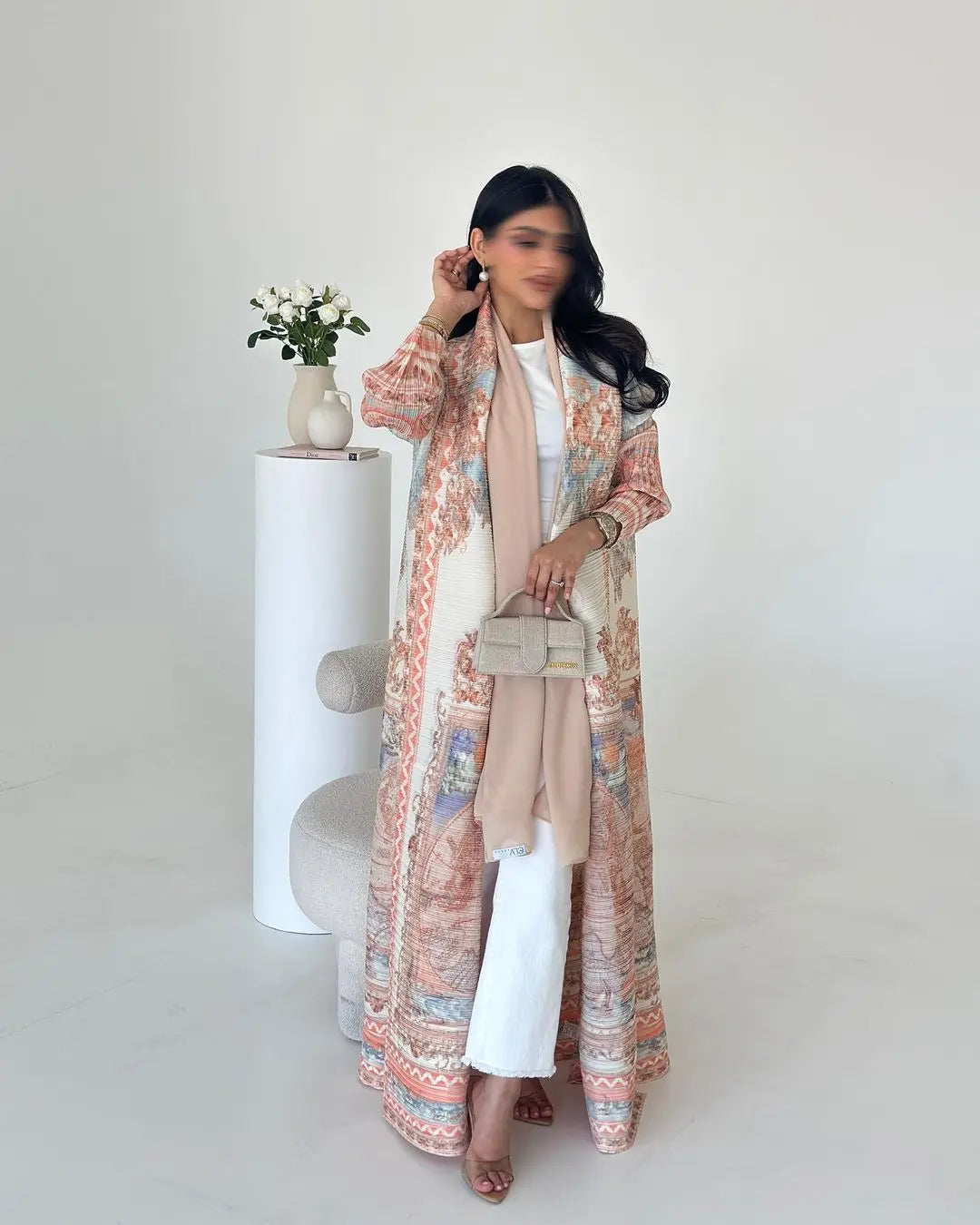 Women's Fold Miyake Pleated Abaya Long Sleeve Print Foldable Collar Robe Cardigan Coat New Winter Fashion Original Design 2026