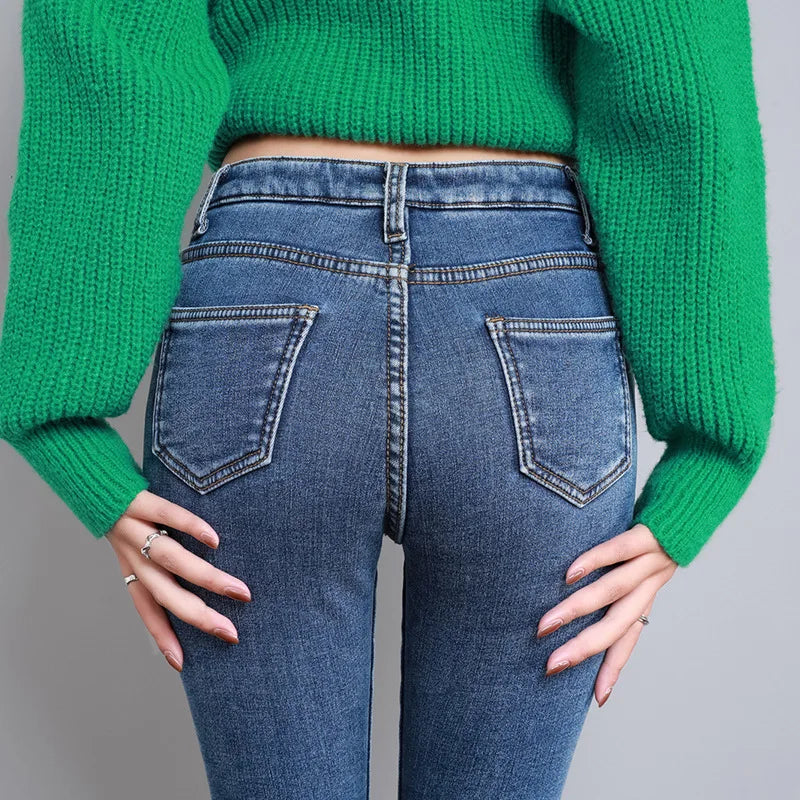 2023 Fashion Women Stretch High Waist Pencil Pants Casual Female Velvet Jeans High Quality Fleece Mom Jeans Thick Plush Pants