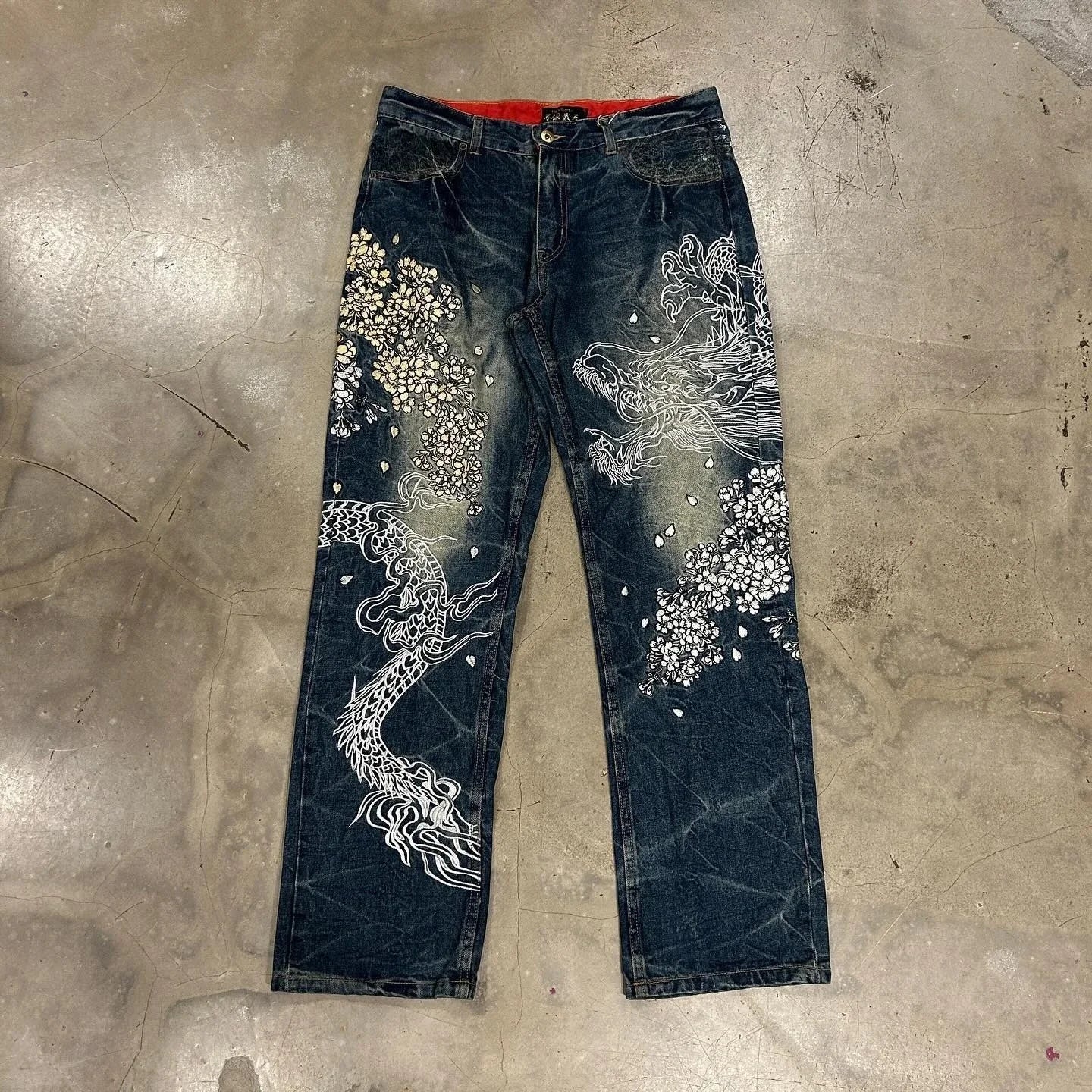 Japanese Harajuku Jeans Mens New Dragon High Quality Jeans Gothic Y2K Vintage Hip Hop Streetwear Denim Fabric Wide Leg Pants