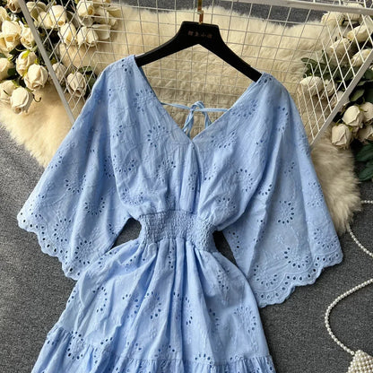 White/Purple/Blue V Neck Summer New Lace Embroidery Dress Women Short Sleeves Dresses Female Vintage Party Beach Midi Dresses